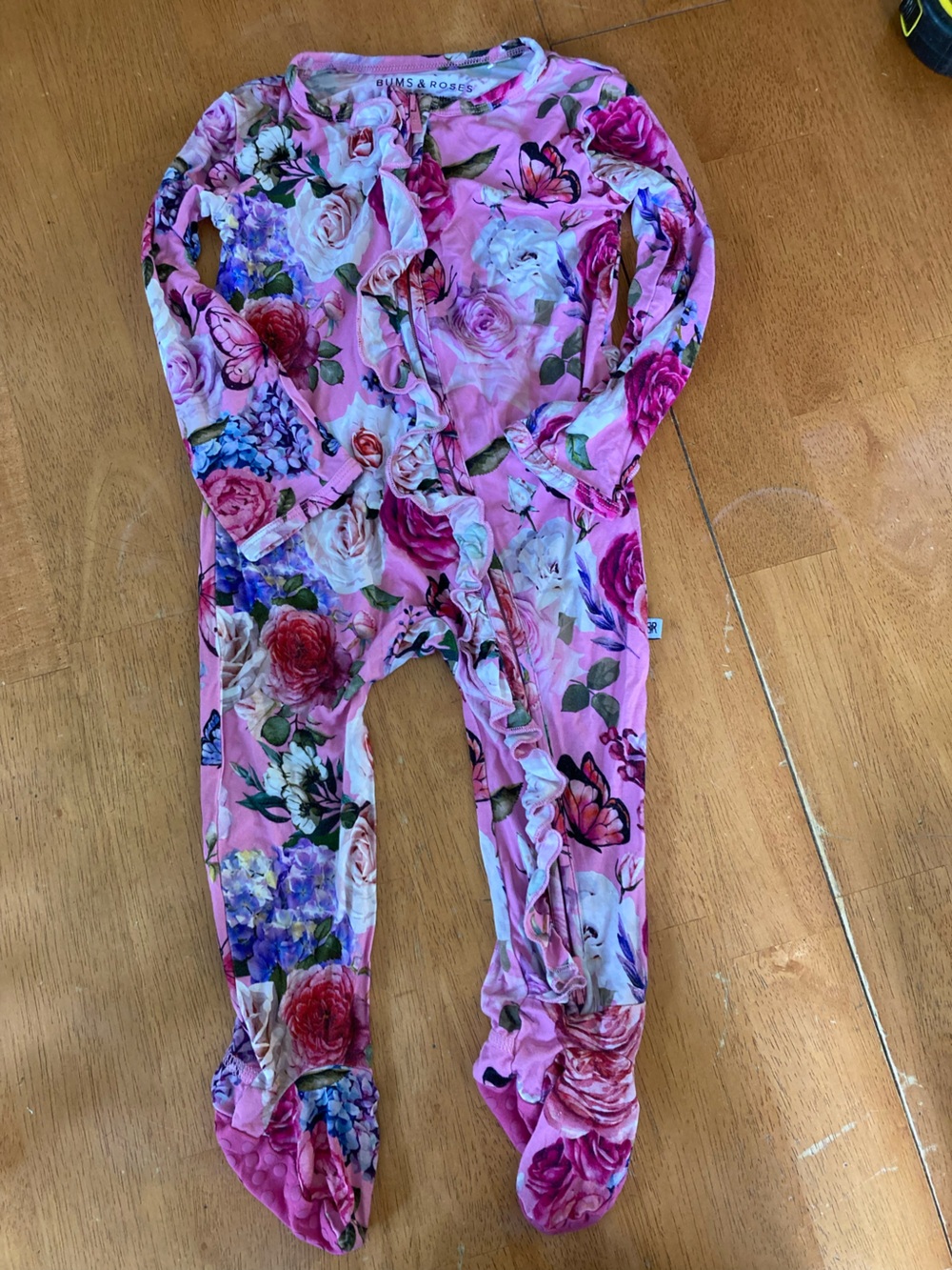 Bums and Roses Bamboo Floral Sleeper with Ruffle Detail - 12-18mos